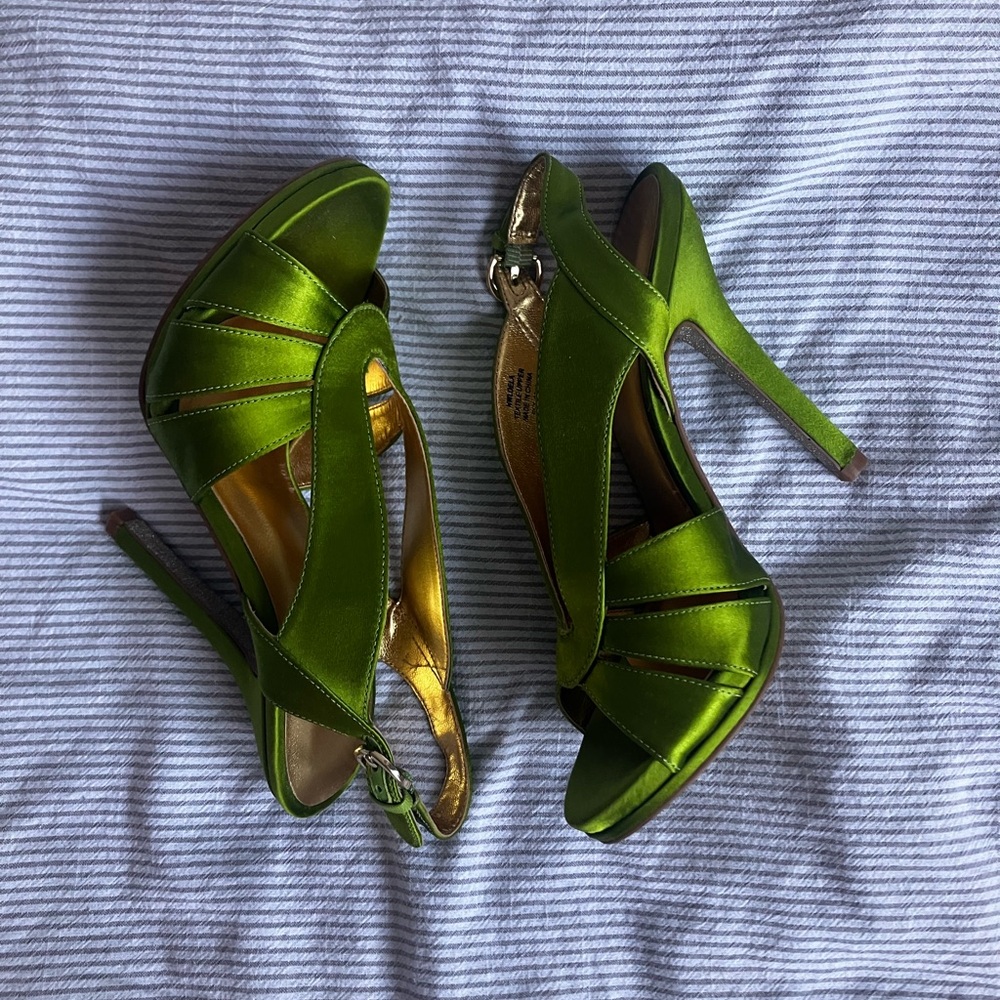 Green and gold satin heels
